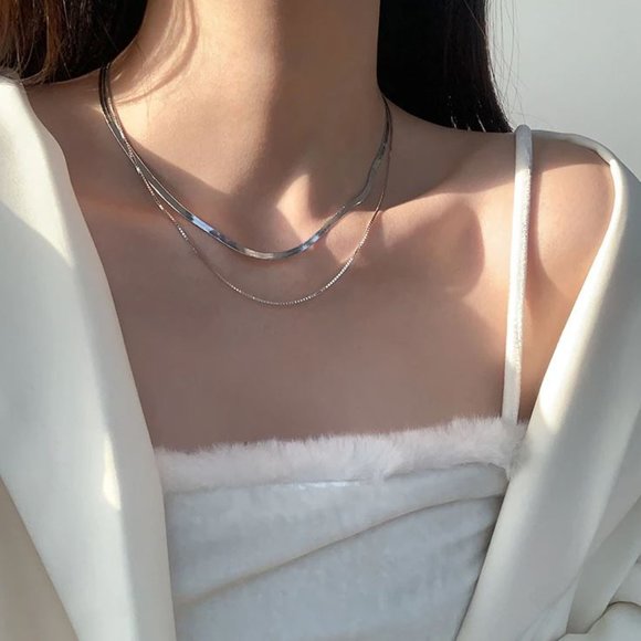 Silver Snakechain Layered Herringbone Necklace - Picture 8 of 8